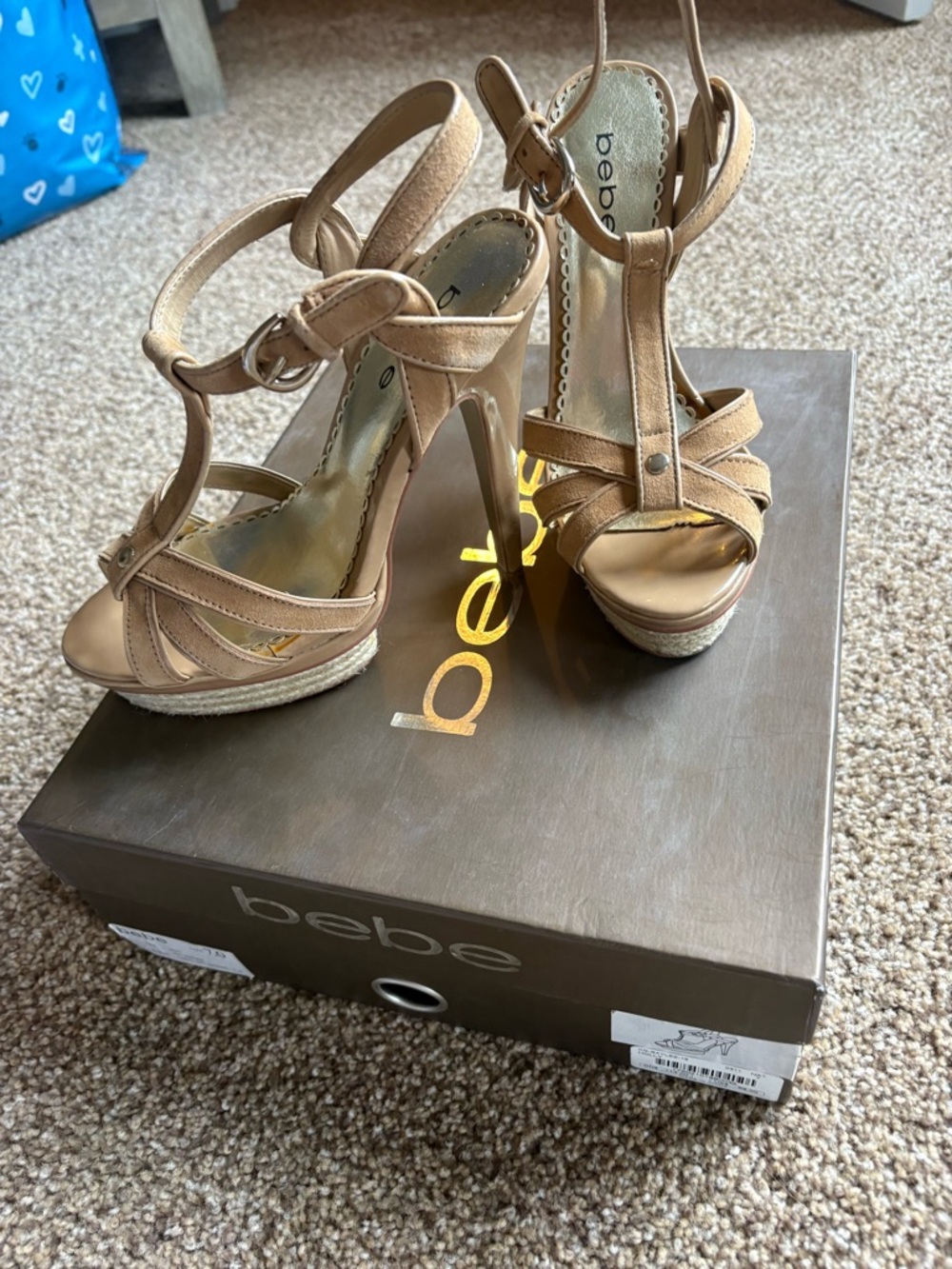 bebe Tan Strappy T‑Bar Platform Heels